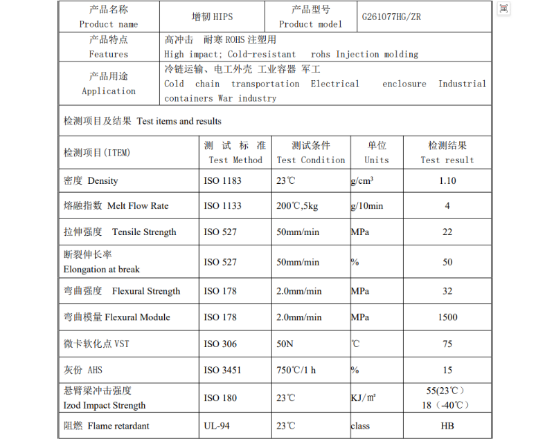增韧PS材料物性表